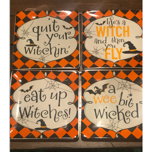 Vintage Pier One Halloween Appetizer Dessert Plates Set‎ Of 4 New in Box Witches - Picture 2 of 16